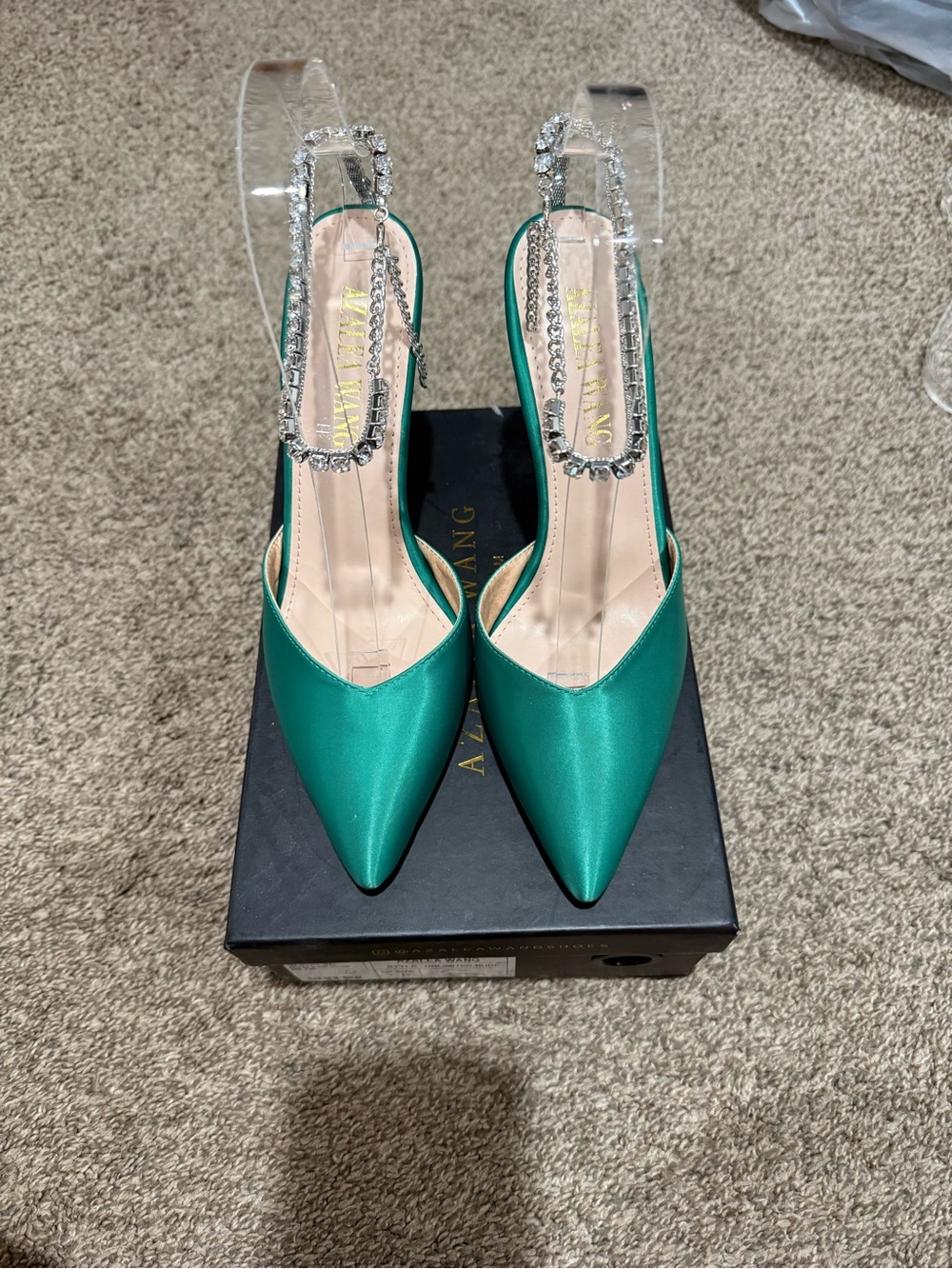 Emerald Satin Pointed Slingback Pumps with Crystal Strap